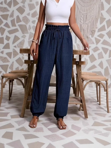 Damen Casual Polyester Leinen-Optik Jogger Hose Hohe Taille Paperbag Kordelzug Lockere Hose Mit Taschen Urlaub Lounge Hose