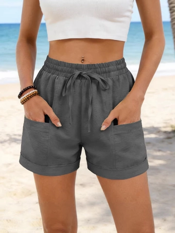Women Summer Shorts Elastic High Waist Drawstring Short Pants With Pockets Cuffed Hem Polyester Spandex Casual Beach Wear