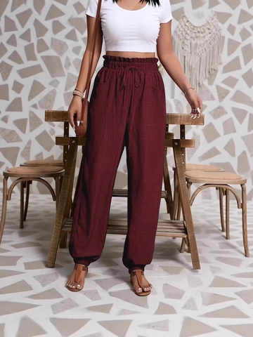 Damen Casual Polyester Leinen-Optik Jogger Hose Hohe Taille Paperbag Kordelzug Lockere Hose Mit Taschen Urlaub Lounge Hose