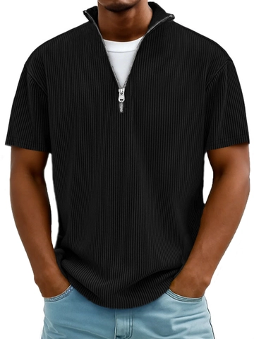 Polo da Uomo a Manica Corta Trama a Costine Zip a Un Quarto Collo alla Coreana Casual Street Style Estivo Traspirante Top