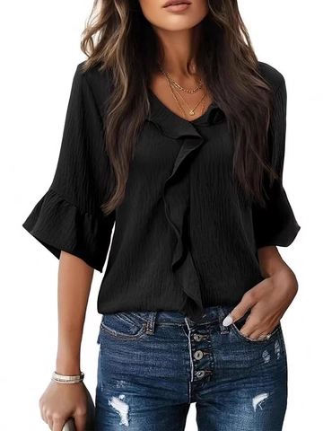 Camicetta Elegante da Donna Scollo a V con Volant Pieghettata Manica a Campana Tinta Unita Casual Poliestere Top Estate Moda Chic