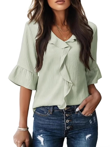 Camicetta Elegante da Donna Scollo a V con Volant Pieghettata Manica a Campana Tinta Unita Casual Poliestere Top Estate Moda Chic