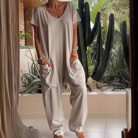 Damen Oversize V-Ausschnitt Overall Locker Kurzarm Haremshose Romper Mit Großen Taschen Casual Sommer Strand Body
