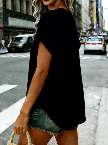 Dames V-Hals T-Shirt Met Korte Mouwen Losse Casual Effen Kleur Blouse Top Met Knoopdetail Gebogen Zoom Elegante Zomerkleding