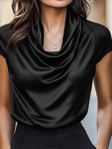 Blusa de Satén con Cuello Hamaca para Mujer Elegante Manga Corta Drapeado Top Color Sólido Camisa Casual de Oficina