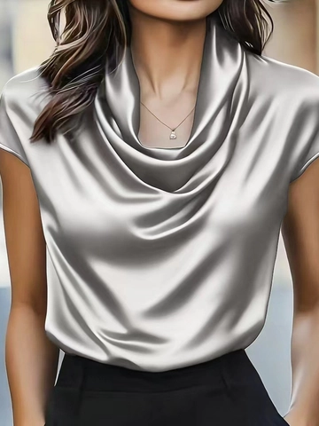 Blusa de Satén con Cuello Hamaca para Mujer Elegante Manga Corta Drapeado Top Color Sólido Camisa Casual de Oficina