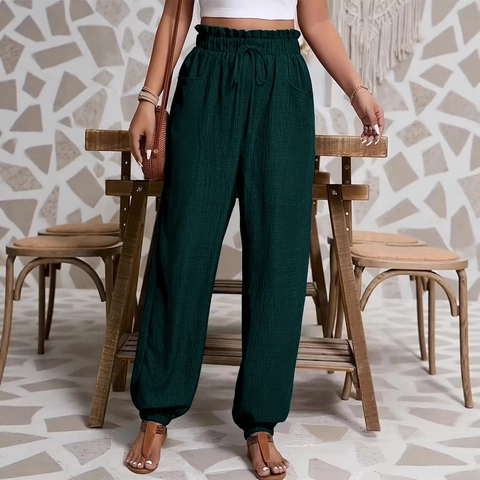 Pantaloni Jogger da Donna in Poliestere Casual a Vita Alta con Coulisse Elastica Tinta Unita Patchwork Stile Streetwear