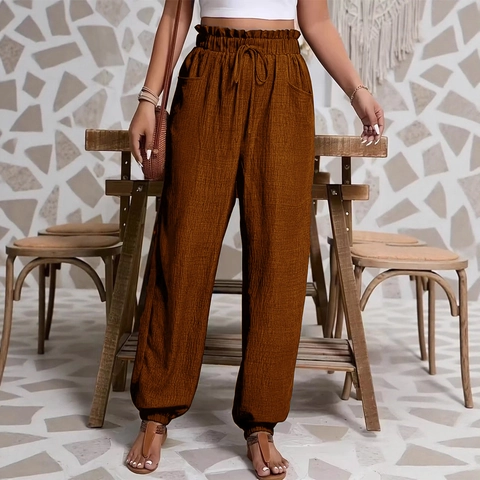 Pantaloni Jogger da Donna in Poliestere Casual a Vita Alta con Coulisse Elastica Tinta Unita Patchwork Stile Streetwear