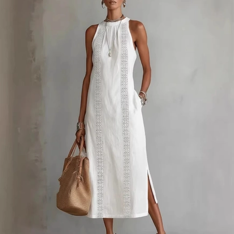 Damen Halterneck Ärmellos Maxi Kleid Mit Vertikaler Stickerei Und Seitenschlitz Lässig Lose Urlaub Sommer Langes Kleid