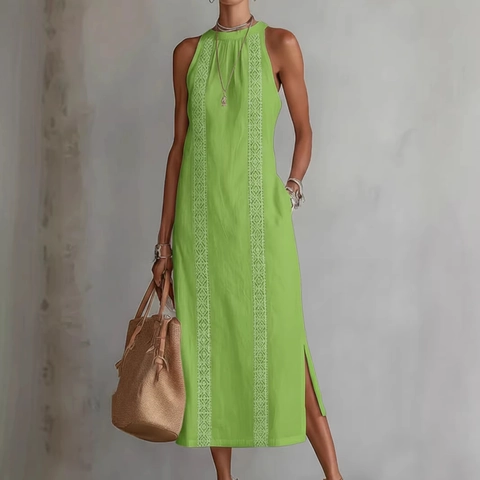 Damen Halterneck Ärmellos Maxi Kleid Mit Vertikaler Stickerei Und Seitenschlitz Lässig Lose Urlaub Sommer Langes Kleid