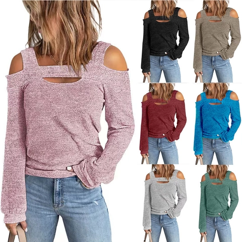 Maglietta da Donna a Maniche Lunghe con Spalle Scoperte e Dettaglio Traforato Scollo Quadrato Slim Fit Top in Maglia Casual