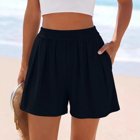 Short Nervuré Taille Haute Femme Décontracté Taille Élastique Short Jambe Large Avec Poches Couleur Unie Été Lounge Shorts