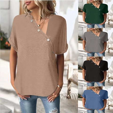 Camiseta de Mujer Casual de Manga Corta Con Cuello en V Ajuste Holgado Color Sólido Mezcla de Poliéster Con Botones Decorativos