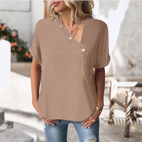 Camiseta de Mujer Casual de Manga Corta Con Cuello en V Ajuste Holgado Color Sólido Mezcla de Poliéster Con Botones Decorativos