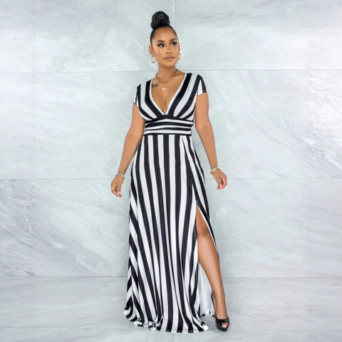 Abito Lungo Maxi a Righe Sexy con Scollo a V per Donna Manica Corta Spacco Alto Tubino Abito Lungo Estivo Party Streetwear