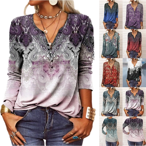 Damen Boho Druck V-Ausschnitt Langarm T-Shirt Vintage Paisley Blumenmuster Locker Lässig Pullover Henley Style Top