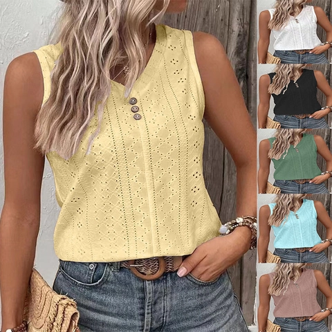 Women Summer Casual Sleeveless Round Neck Tank Top Button Decor Eyelet Embroidery Cotton Blend Boho Vest Shirt Top