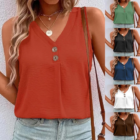 Camiseta sin Mangas Informal para Mujer Cuello en V Botones Decorativos Texturizado Plisado Verano Ajuste Holgado Color Sólido Top de Moda