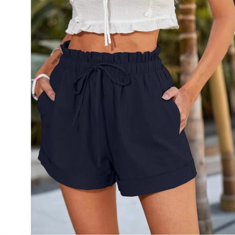 Women Casual High Waisted Paperbag Shorts With Drawstring Elastic Waist Side Pockets Cuffed Summer Beach Vacation Shorts