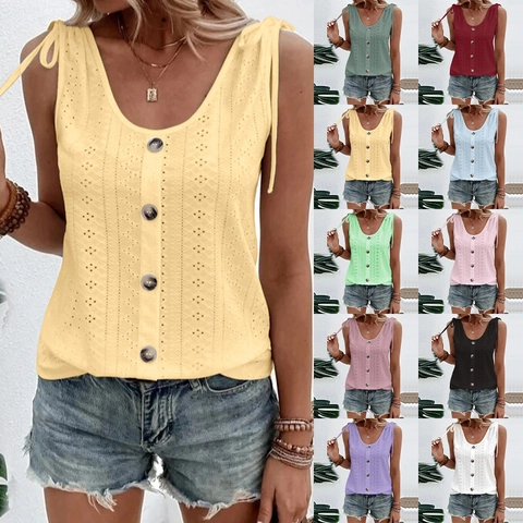 Women Casual U-Neck Tank Top Sleeveless Eyelet Embroidery Mercerized Jacquard Button Front Tie Shoulder Fashion Summer Vest