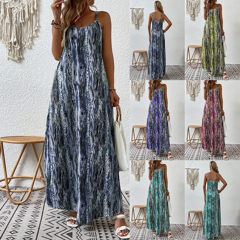 Vestito Lungo Maxi con Spalline Stampa Astratta Bohemian Donna Senza Maniche Vacanza Mare Poliestere Spandex Moda Estate