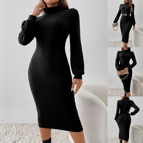Damen Eleganter Rollkragen Rippstrick Langarm Midikleid Einfarbig Schlanke Passform Bodycon Lässiges Party Strickkleid