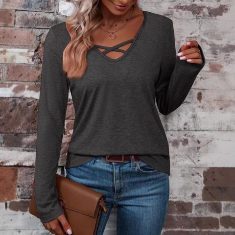 Women's Long Sleeve V Neck T-Shirt Criss Cross Strappy Detail Casual Loose Solid Color Polyester Spandex Essential Top