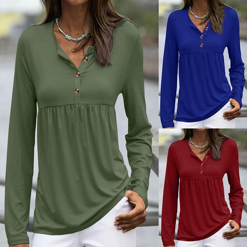 Women Casual V Neck Henley Top Button Long Sleeve Empire Waist Pleated Babydoll T-Shirt Soft Comfort Pullover Blouse
