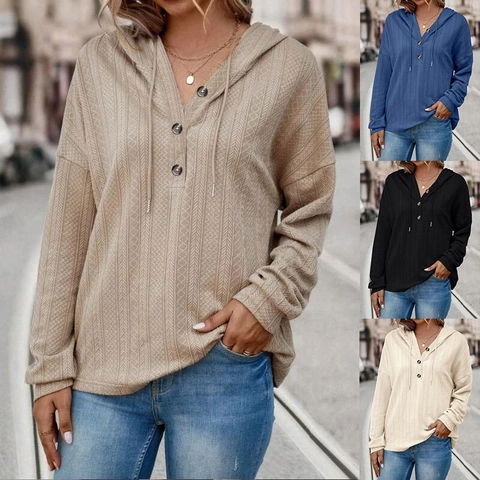 Women Casual Textured Knit Hoodie V-Neck Buttons Long Sleeve Hooded Drawstring Sweatshirt Solid Color Loose Pullover Top