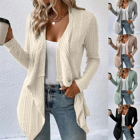 Cardigan en Tricot Côtelé pour Femmes Manches Longues Ouvert sur le Devant Couleur Unie Pull Léger Décontracté