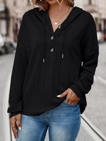 Women Casual Textured Knit Hoodie V-Neck Buttons Long Sleeve Hooded Drawstring Sweatshirt Solid Color Loose Pullover Top