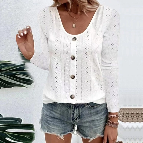 Women's Casual Eyelet Hollow Out Long Sleeve T-Shirt Button Round Neck Loose Fit Jacquard Top Solid Color Soft Blouse