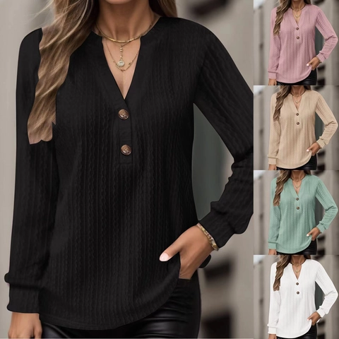 Dames Casual V-hals Lange Mouwen T-Shirt Geribbelde Gebreide Henley Top Knoopsluiting Effen Losse Blouse Mode