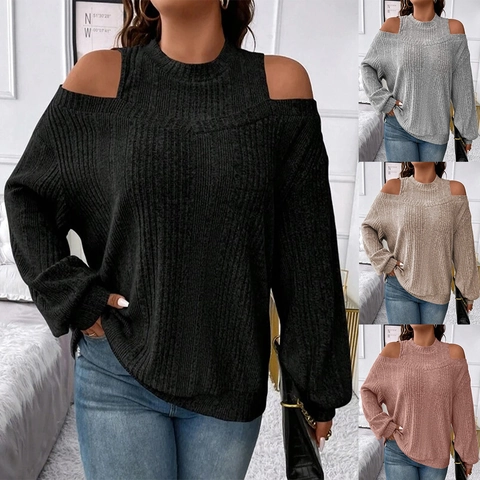 Women's Casual Cold Shoulder Ribbed Knit Long Sleeve T-Shirt Solid Color Loose Crew Neck Pullover Top