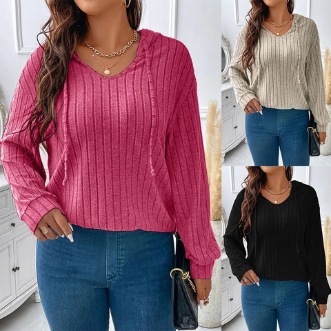 Γυναικείο Casual T-Shirt με V-λαιμόκοψη και Κουκούλα Ραβδωτό Μονόχρωμο Μακρύ Μανίκι Χαλαρή Εφαρμογή Φθινόπωρο Χειμώνας