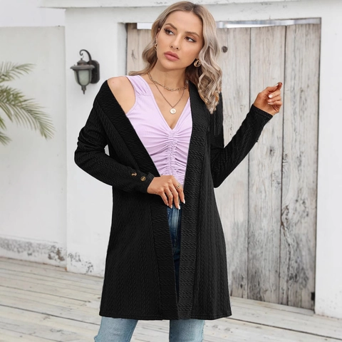 Giacca Cardigan Casual da Donna Tinta Unita Strutturata Polsino con Bottone Manica Lunga Lunghezza Media Apertura Frontale Maglieria