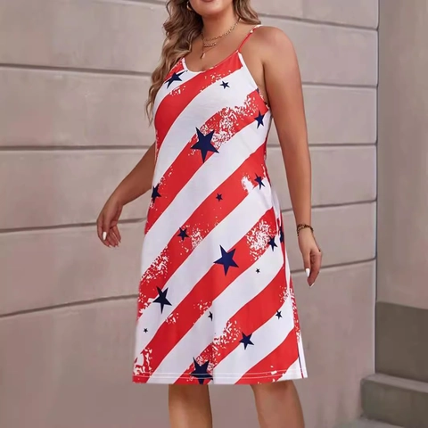 Abito con Bretelle Donna Giorno dell'Indipendenza Bandiera Americana Stelle Strisce Ampio Senza Maniche Festa Abito Midi