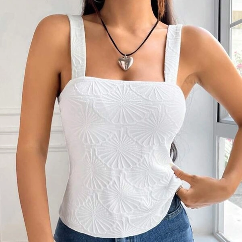 Women Sexy Square Neck Wide Strap Tank Top Jacquard Floral Embossed Slim Fit Sleeveless Camisole Summer Fashion Top
