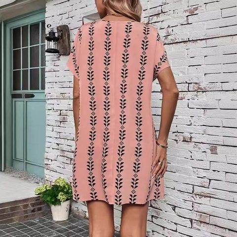 Women Casual Geometric Printed Midi Dress Round Neck Loose Batwing Short Sleeve Resort Fashion Summer Beach Dress