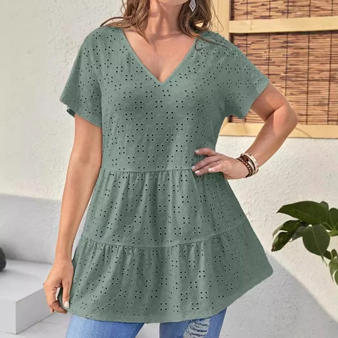 T-Shirt Femme Col V Broderie Anglaise Décontracté Ample Babydoll à Étages Manches Courtes Haut Vacances Été Blouse
