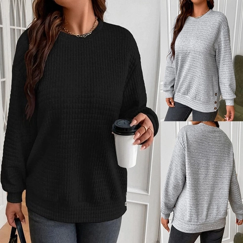 Women Casual Waffle Knit Round Neck Sweatshirt Drop Shoulder Long Sleeve Pullover Loose Fit Top With Side Buttons