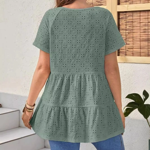 T-Shirt Femme Col V Broderie Anglaise Décontracté Ample Babydoll à Étages Manches Courtes Haut Vacances Été Blouse