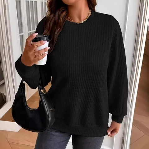 Women Casual Waffle Knit Round Neck Sweatshirt Drop Shoulder Long Sleeve Pullover Loose Fit Top With Side Buttons