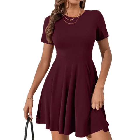 Damen Casual Geripptes Kurzarm-Minikleid Schlanke Passform Rundhals A-Linie Einfarbig Sommer Mode Party Kleid