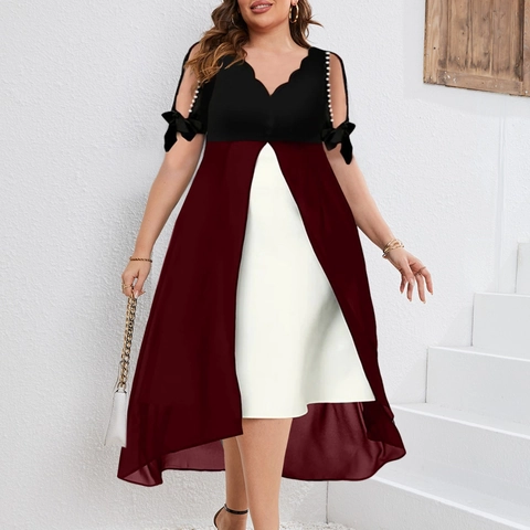 Γυναικείο Plus Size Mock Two Piece Σιφόν Μάξι Φόρεμα V Λαιμόκοψη Κυματιστή Άκρη Cold Shoulder Τεχνητό Μαργαριτάρι Φιόγκος Patchwork Φόρεμα
