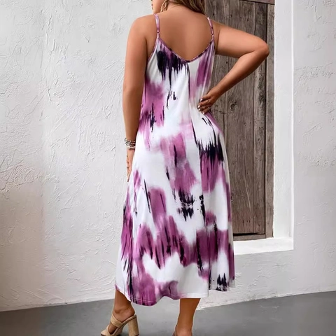 Damen Casual Batik-Trägerkleid Midi V-Ausschnitt Locker Boho Sommer Strand Urlaub Ärmelloses Sonnenkleid
