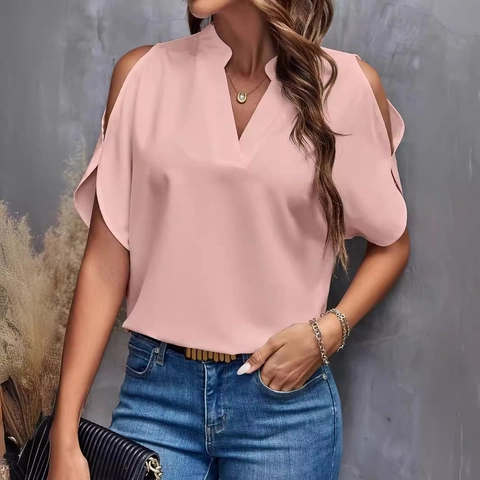 Damen Casual V-Ausschnitt Cold Shoulder Bluse Sommer Kurzarm Einfarbig Lockere Mode Polyester Top