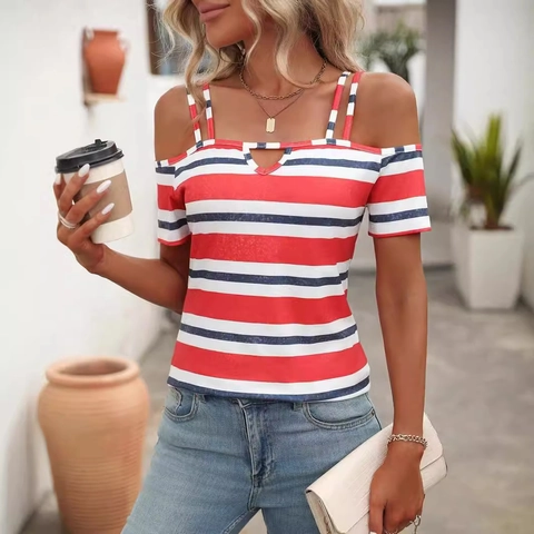 Γυναικείο T-Shirt με Ρίγες και Cold Shoulder Casual Διακοπών Διπλές Τιράντες Κοντό Μανίκι Αντίθεση Χρωμάτων Top