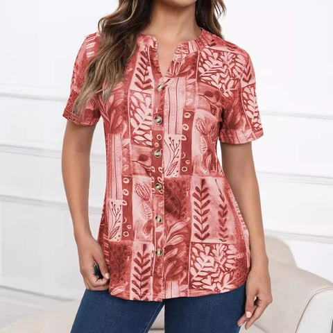 Women Casual V Neck Short Sleeve T-Shirt Loose Floral Botanical Print Pullover Top With Decorative Buttons Fashion Blouse