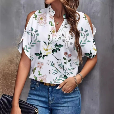 Women Summer Cold Shoulder Blouse V Neck Short Sleeve Floral Leopard Paisley Print Loose Casual Polyester Top